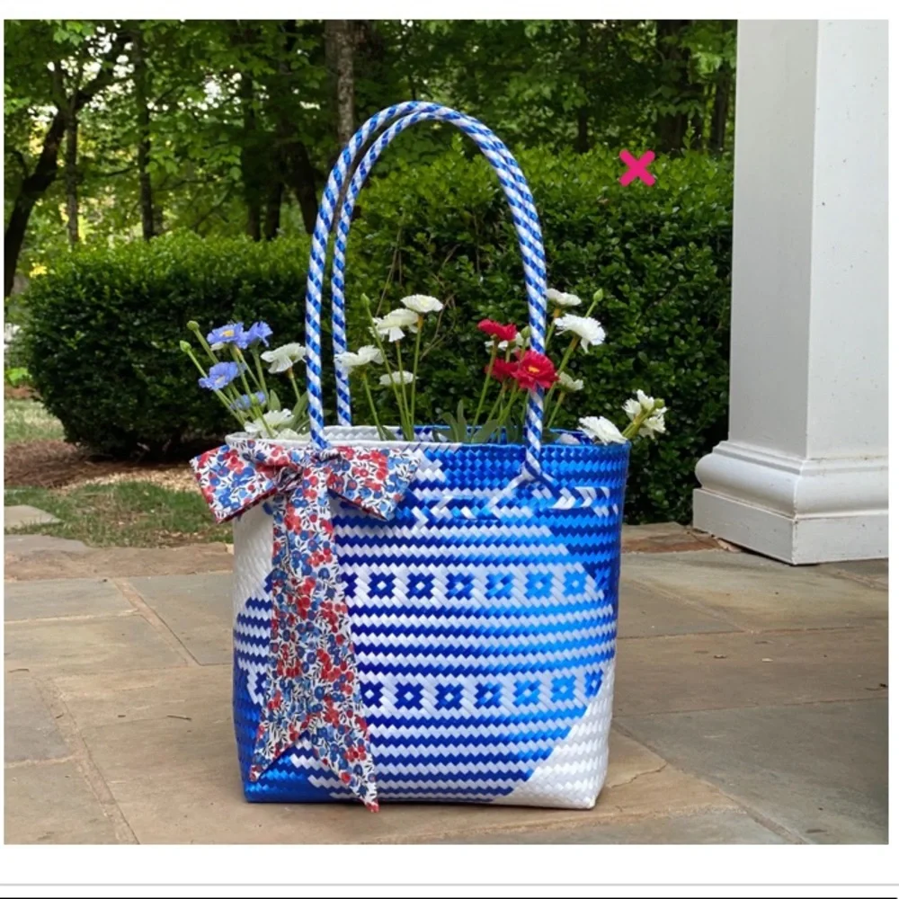 Oaxacan Handwoven Blue & White Tote Bag Purse - Picture 8 of 8